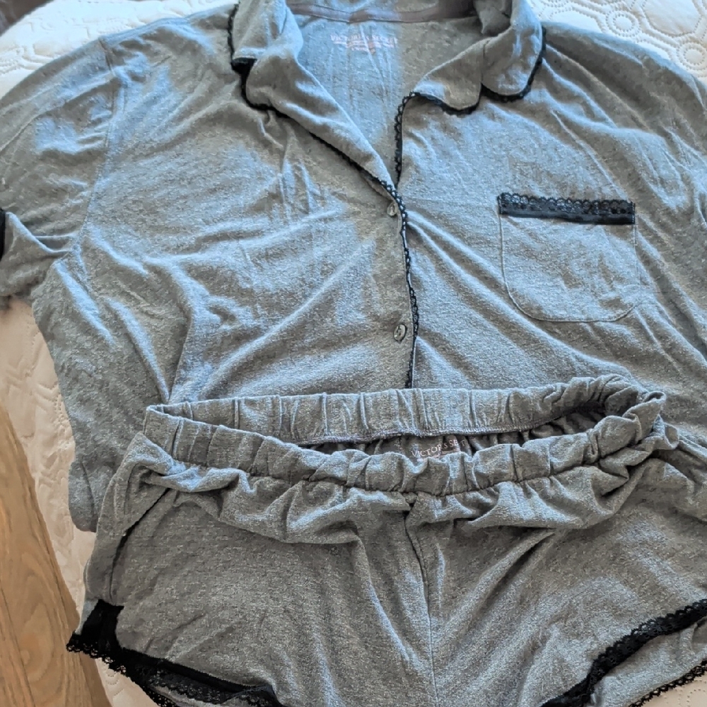 Victoria's Secret Gray Pajama Set with Black Trim